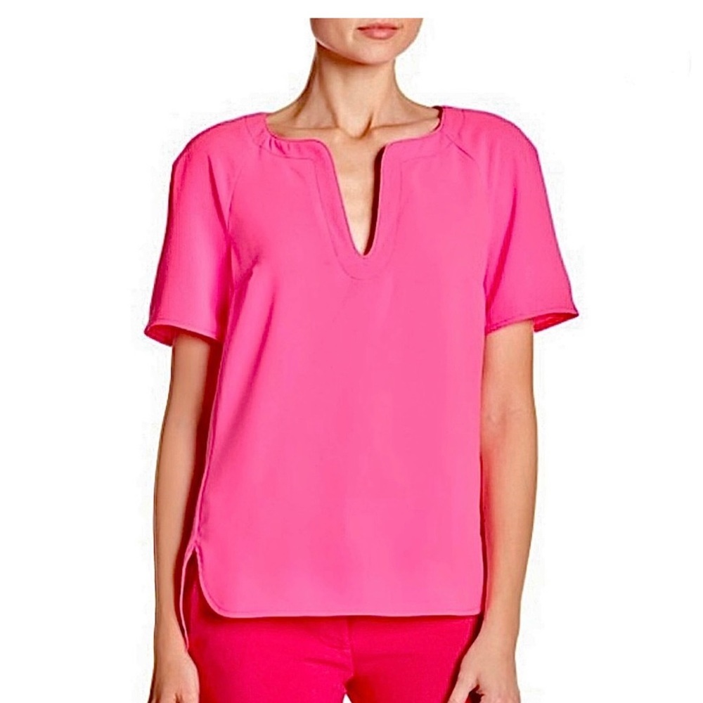 Trina Turk Pearla Split-Neck Short Sleeve Top in Gemini Pink‎